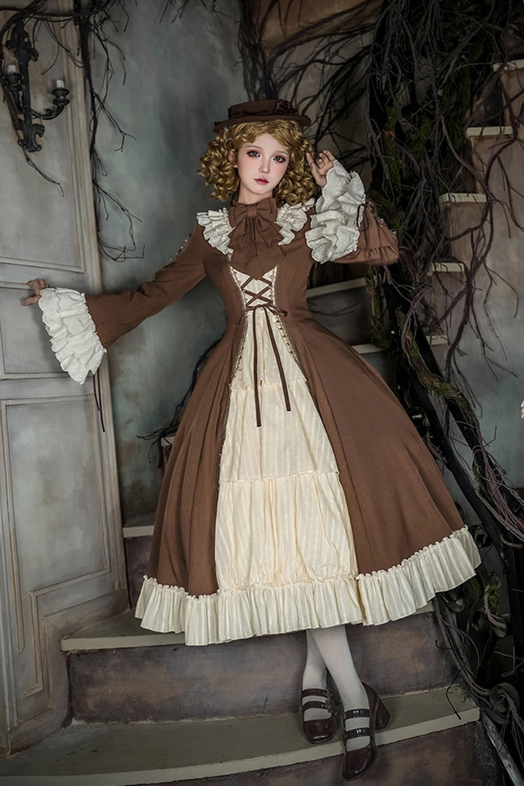 Brown/Beige [Nutcracker] Stand Collar Long Trumpet Sleeves Ruffle Cardigan Bowknot Lace-Up Sweet Lolita Dress Set 2 Versions - Product - 16