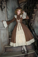 Brown/Beige [Nutcracker] Stand Collar Long Trumpet Sleeves Ruffle Cardigan Bowknot Lace-Up Sweet Lolita Dress Set 2 Versions - Product - 16