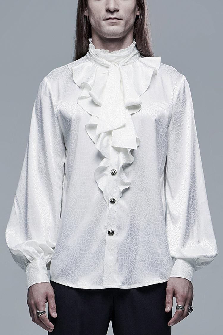 White Gothic Jacquard High Collar Front Chest Flounce Retro Metal Button Lantern Sleeve Men's Shirt - White - 1