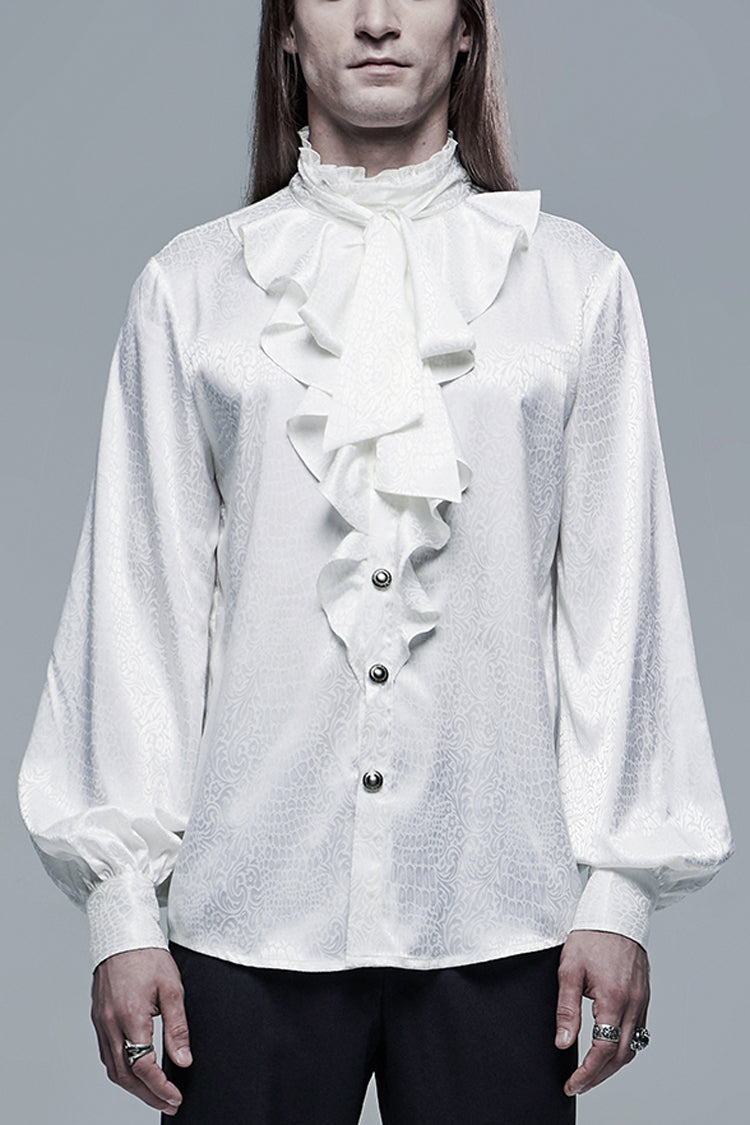White Gothic Jacquard High Collar Front Chest Flounce Retro Metal Button Lantern Sleeve Men's Shirt - White - 1