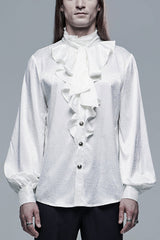 White Gothic Jacquard High Collar Front Chest Flounce Retro Metal Button Lantern Sleeve Men's Shirt - White - 1