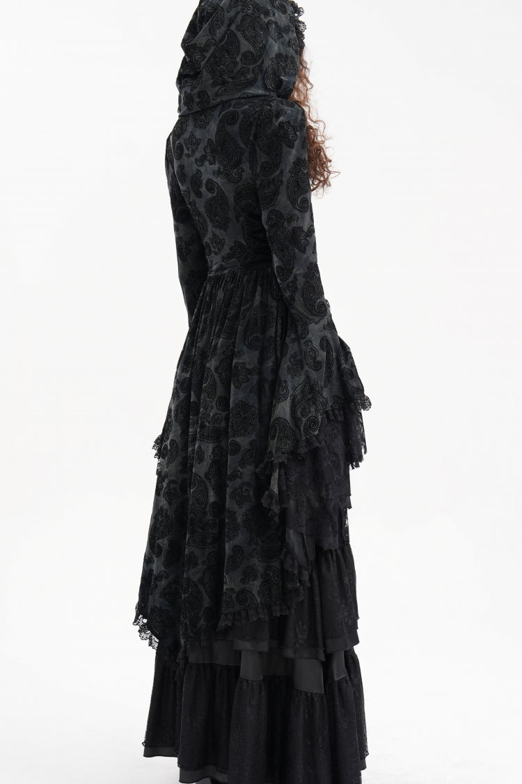 Black Long Trumpet Sleeves Multi-Layered Embroidery Lace Hooded Ripped Women's Gothic Jacket - Product - 6