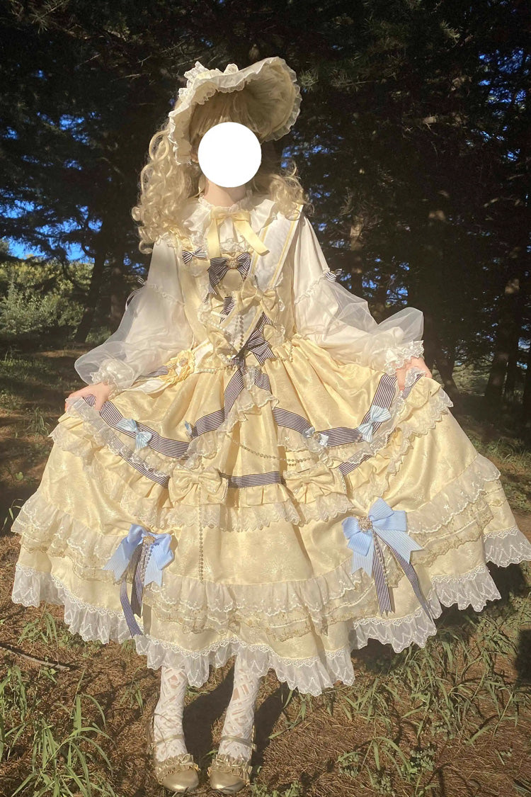 Gold Long Sleeves Multi-Layered Ruffle Bowknot Lace Sweet Princess Lolita Dress - Product - 4