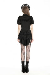 Black Point Collar Short Puff Sleeves Ruffled Women's Gothic Blouse - Product - 4