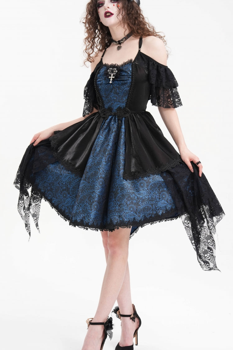 Blue Halterneck Lace Lace-Up Irregular Hem Women's Gothic Dress - Product - 4