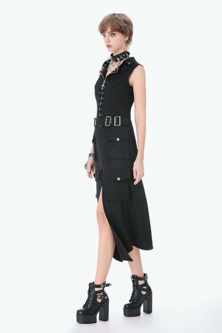 Black Lapel Collar Sleeveless Lace-Up Studded Zippered Eyelet Women's Punk Vest - Product - 10