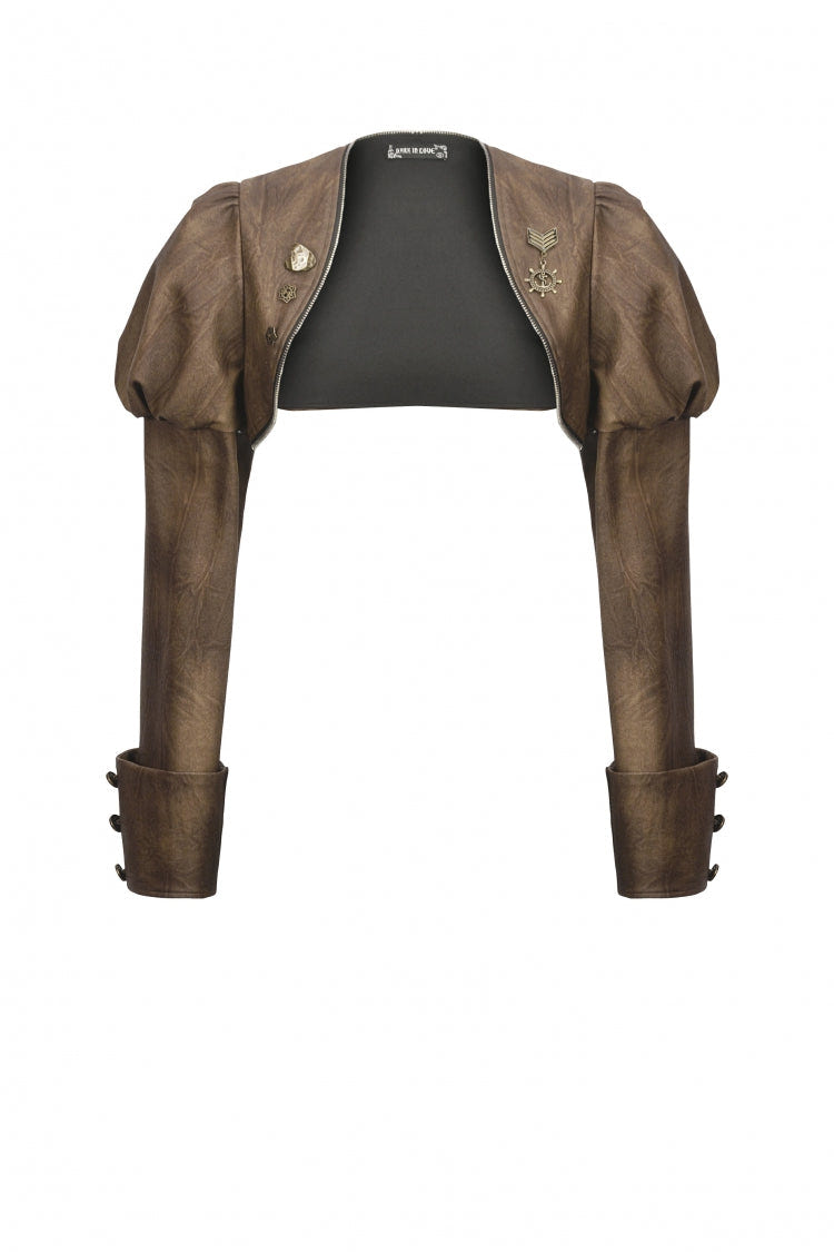 Brown Long Puff Sleeves Zippered Metal-Accented Women's Steampunk Vintage Wrap - Product - 3