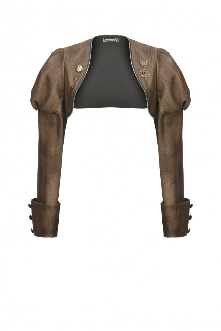 Brown Long Puff Sleeves Zippered Metal-Accented Women's Steampunk Vintage Wrap - Product - 3