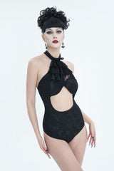 Black Stretch Textured Print Butterfly Halterneck Lace Women's Gothic One Piece Swimsuit - Product - 3