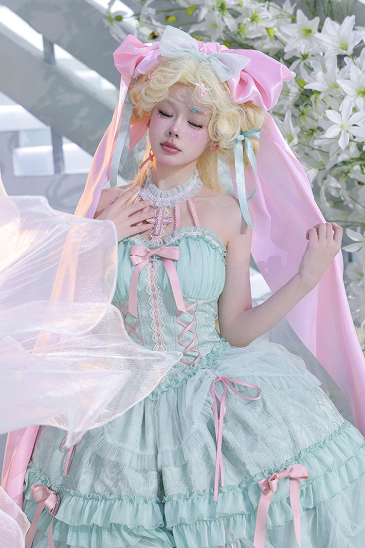 Green Cross Halterneck Ruffle Bowknot Lace Lace-Up Princess Sweet Lolita Dress - Product - 2