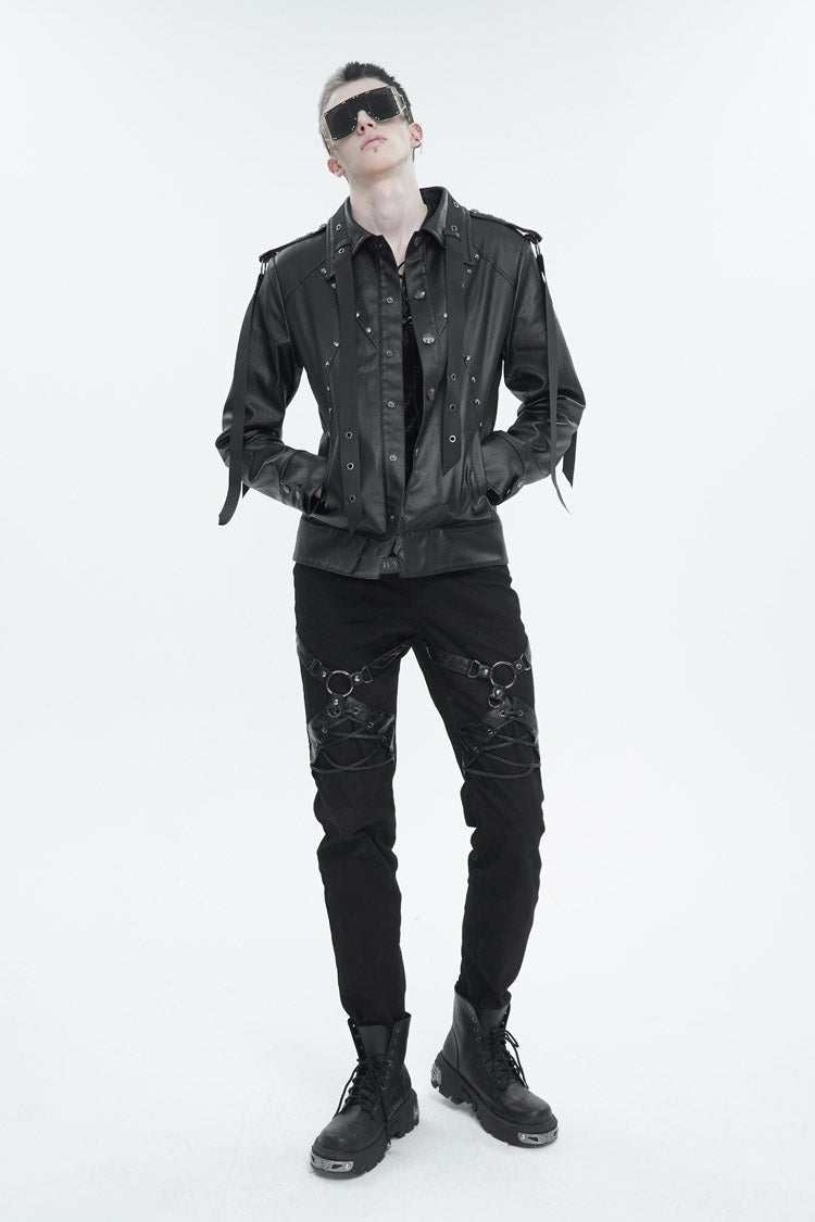 Black Thigh Position Buckle Splice Men's Punk Pants - Product - 6