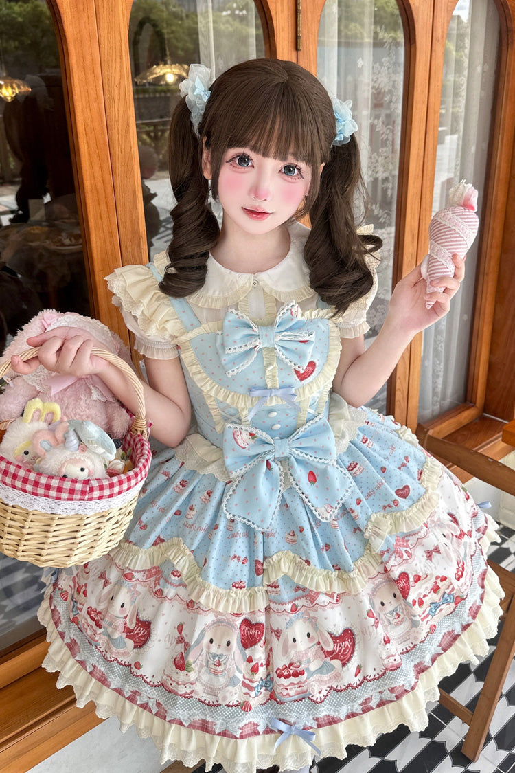 Blue [Cute Rabbit Party] Sleeveless Double-Layered Printed Ruffled Bow Sweet Lolita Jsk Dress - Product - 7
