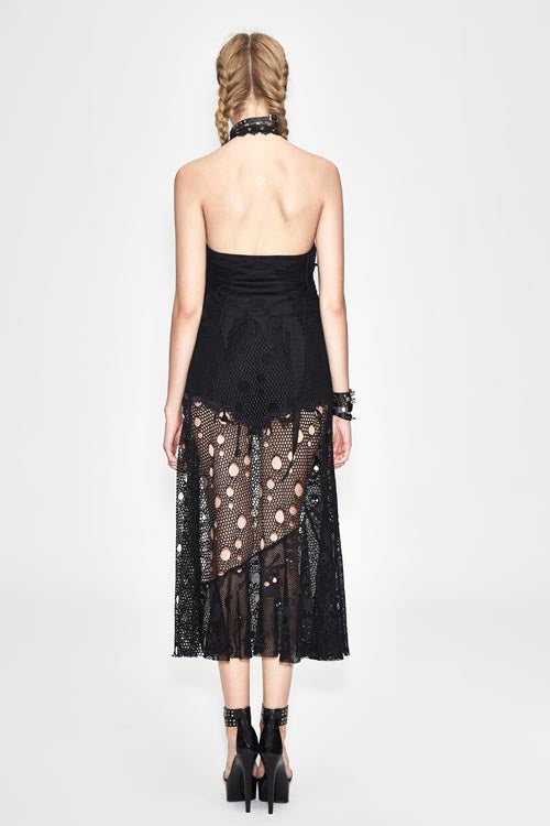 Black Punk Broken Holes Mesh Peplum Sexy Halter Womens Dress - Product - 4