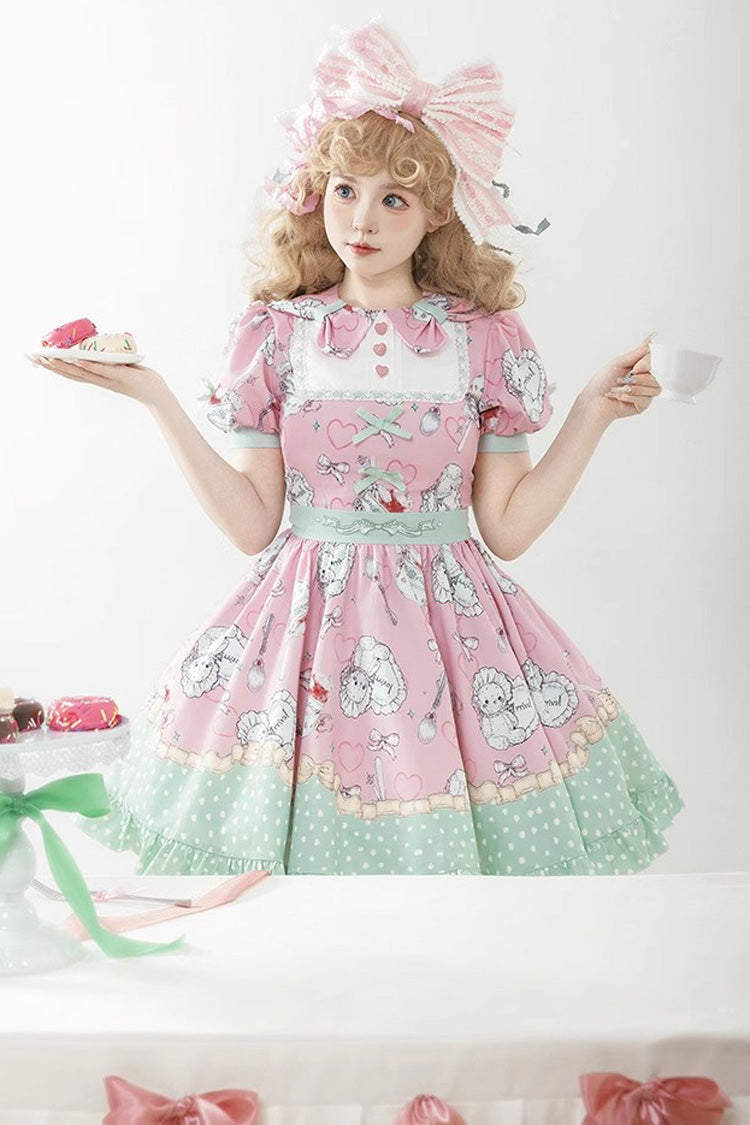 Pink/Green Tea Time Donut, Cake and Bear Print Ruffle Sweet Elegant Lolita Dress - Product - 4