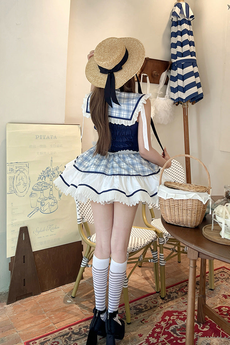 Blue/White [Sailing Love] Navy Collar Sleeveless Plaid Print Ruffle Bowknot Sweet Lolita Dress - Product - 13