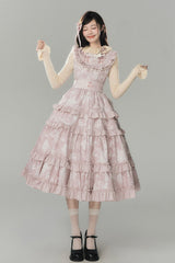 Pink [Sacred Heart Lily] Round Collar Sleeveless Multi-Layered Printed Ruffled Embroidered Sweet Chinese Inspired Lolita Jumper Dress - Product - 6