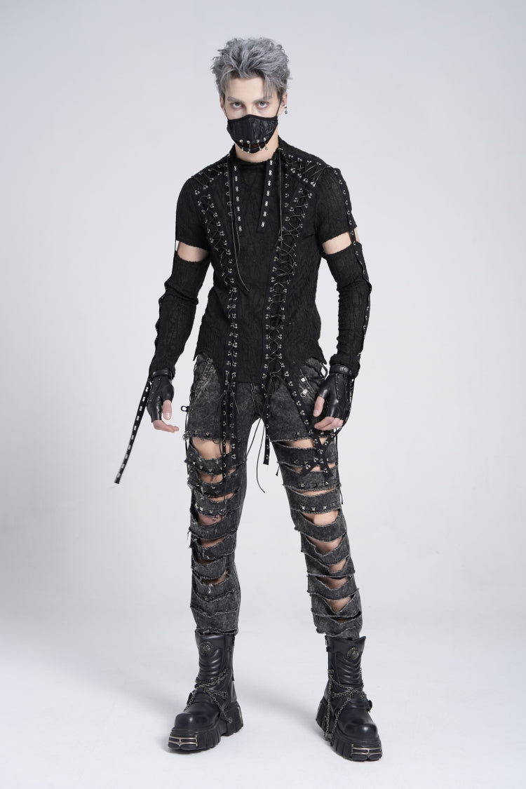 Black Long Sleeves Strap Lace-Up Irregular Mesh Men's Gothic T-Shirt - Product - 10