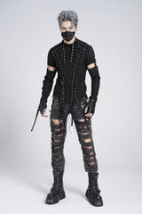 Black Long Sleeves Strap Lace-Up Irregular Mesh Men's Gothic T-Shirt - Product - 10