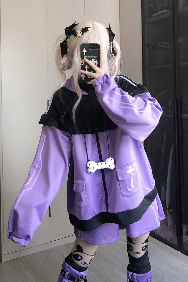 Purple Long Sleeves Cat Ears Hooded Jirai Kei Japanese Shorts Coat Set - Product - 4