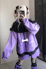 Purple Long Sleeves Cat Ears Hooded Jirai Kei Japanese Shorts Coat Set - Product - 4