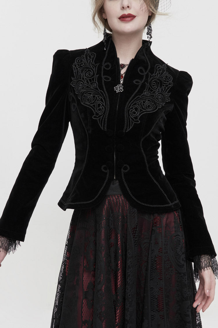Black Stand Collar Velvet Appliqu On Chest Pendant Zipper Autumn And Winter Short Long Sleeve Women's Gothic Jacket - Black - 1