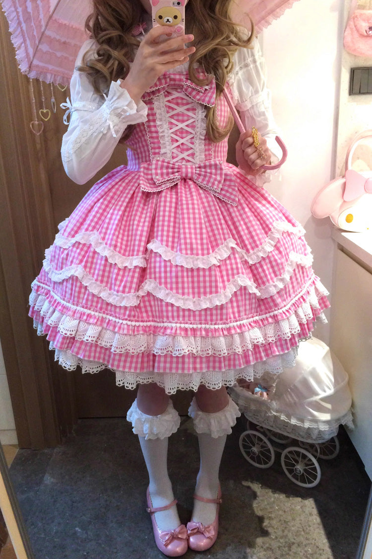 Pink Plaid Print Ruffle Bowknot Lace-Up Sweet Lolita Dress - Product - 7