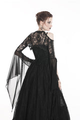 Black Off Shoulder Sheer Lace Long Trumpet Chiffon Sleeves Cut-Out Women's Gothic Capelet - Product - 4