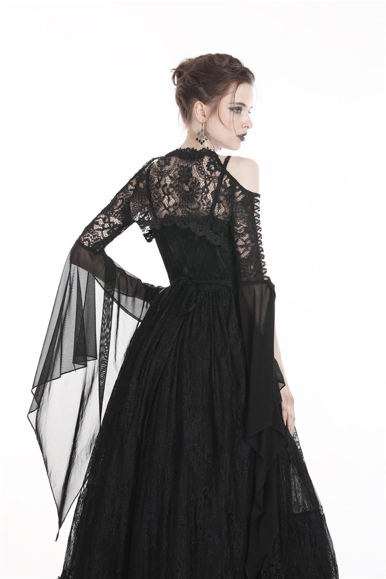 Black Off Shoulder Sheer Lace Long Trumpet Chiffon Sleeves Cut-Out Women's Gothic Capelet - Product - 4