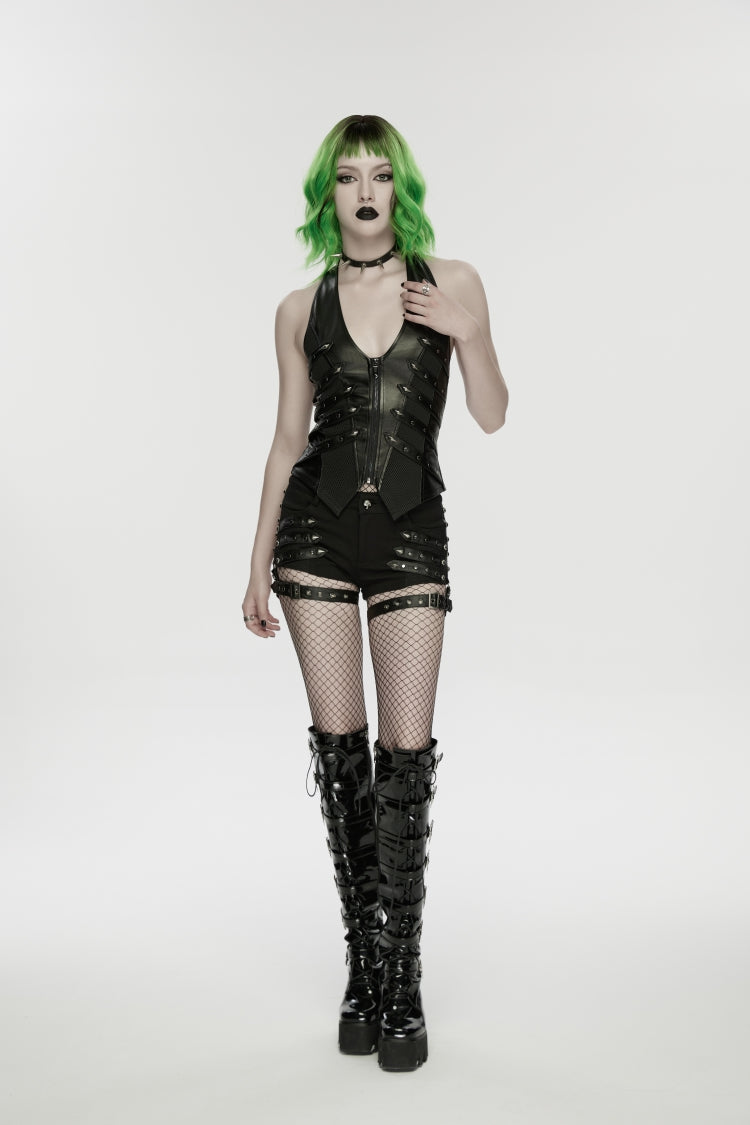 Black Halterneck Slim Studded Zippered Women's Punk Vest - Black - 1