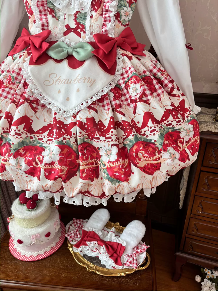 Strawberry Print Ruffled Maid Lolita Dress Set with Apron - view 10