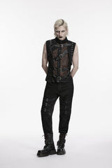 Black Stand Collar Sleeveless Spliced Asymmetric Studded Buckled Eyelet Men's Punk Cool Vest - Product - 3