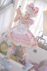 Pink Short Sleeves Multi-Layered Ruffle Bowknot Sweet Princess Lolita Dress Full Set - Product - 8