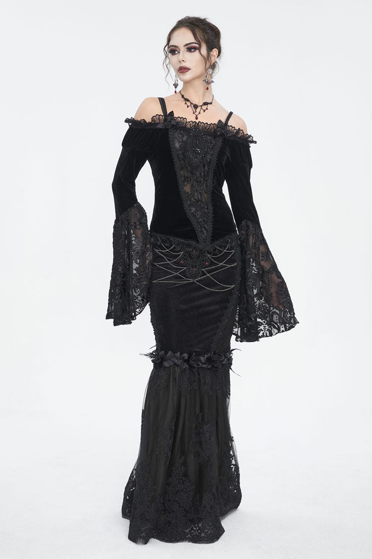 Black High Waisted Embroidery Stitching Lace Women's Gothic Skirt - Product - 4