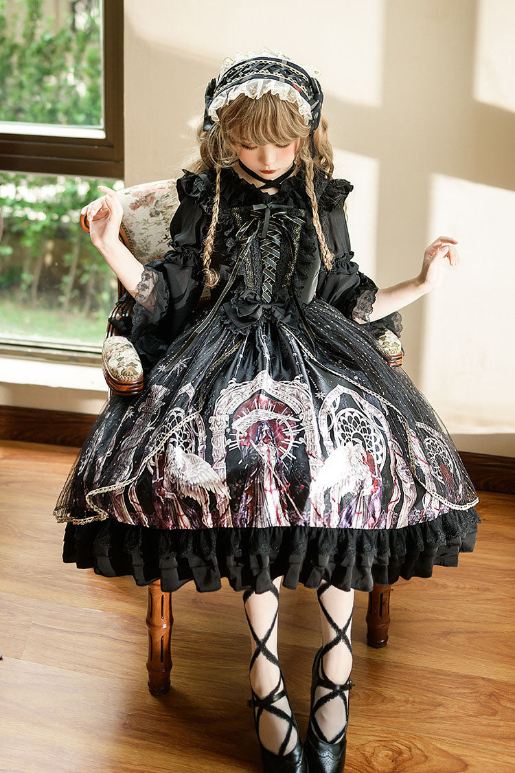 Black Ancient Mythology Angel Wings Print Mesh Stitching Bowknot Ruffled Gothic Lolita Jsk Dress - Product - 4