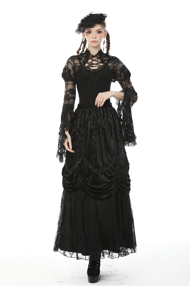 Black Long Puff Sleeves Sheer Floral Lace Lace-Up Women's Gothic Cape - Product - 9