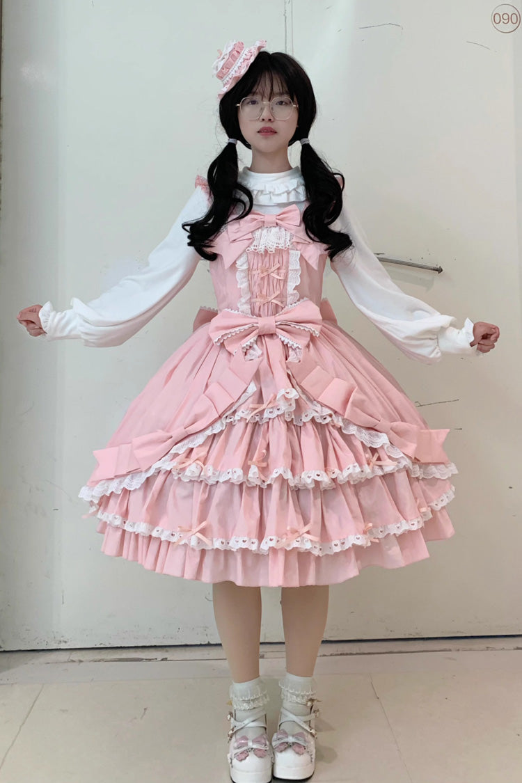 [Grisha] Sleeveless Triple-Layered Ruffle Cardigan Bowknot Lace Sweet Plus Size Lolita Jsk Dress 3 Colors - Product - 11