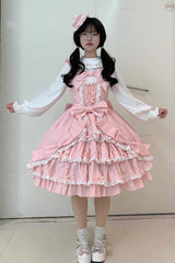 [Grisha] Sleeveless Triple-Layered Ruffle Cardigan Bowknot Lace Sweet Plus Size Lolita Jsk Dress 3 Colors - Product - 11