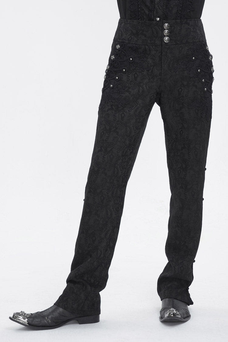 Black Jacquard Embroidery Men's Gothic Pants - Black - 1