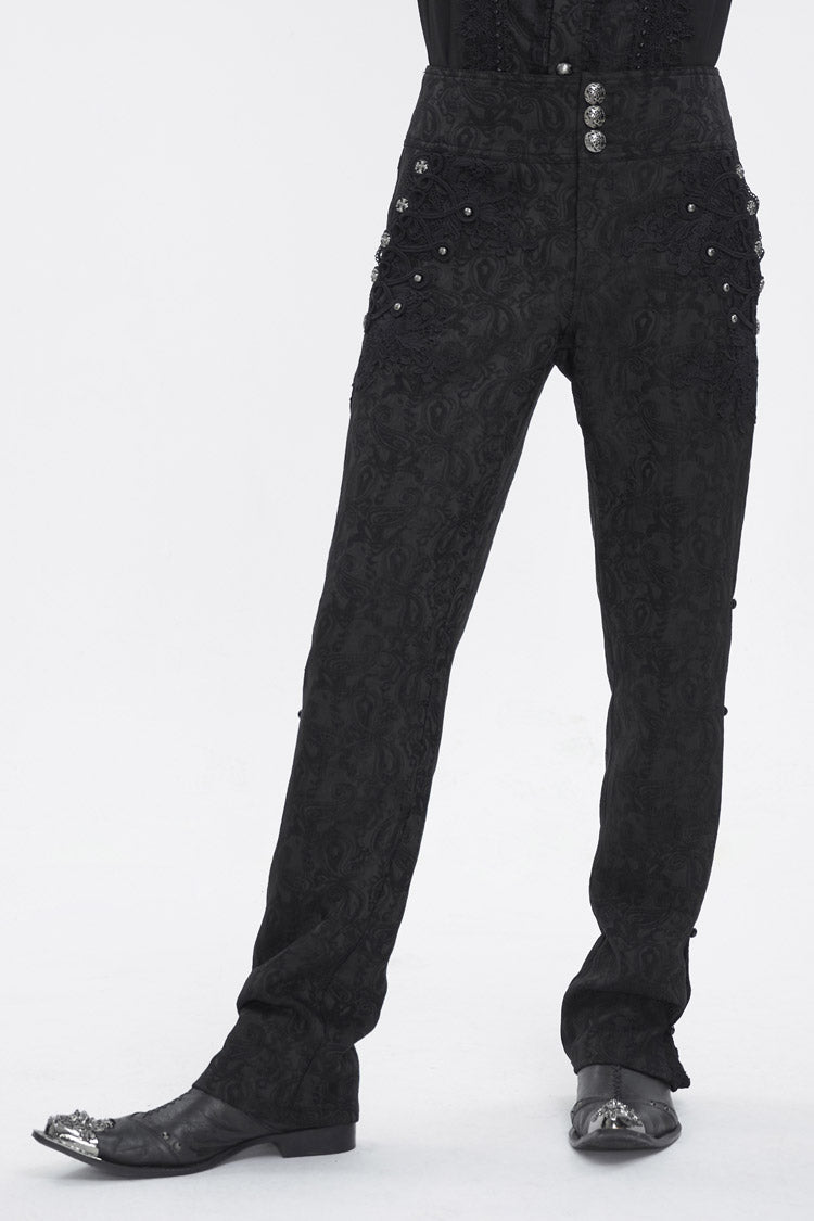 Black Jacquard Embroidery Men's Gothic Pants - Black - 1