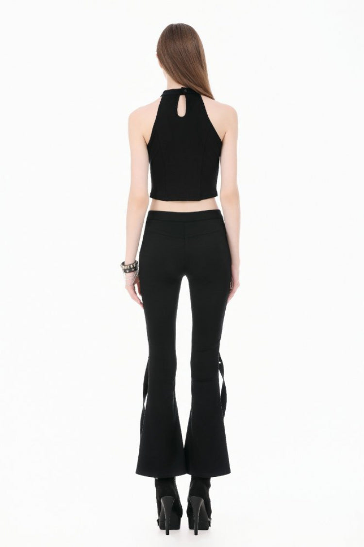 Black Women's Punk Buckled Straps Cut-Out Sheer Mesh Patchwork Flare Pants - Product - 4