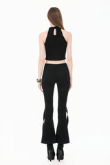 Black Women's Punk Buckled Straps Cut-Out Sheer Mesh Patchwork Flare Pants - Product - 4