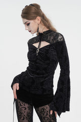 Black Lace Cutout Round Collar Flared Sleeved Floral Embossed Women's Gothic Shirt - Product - 2