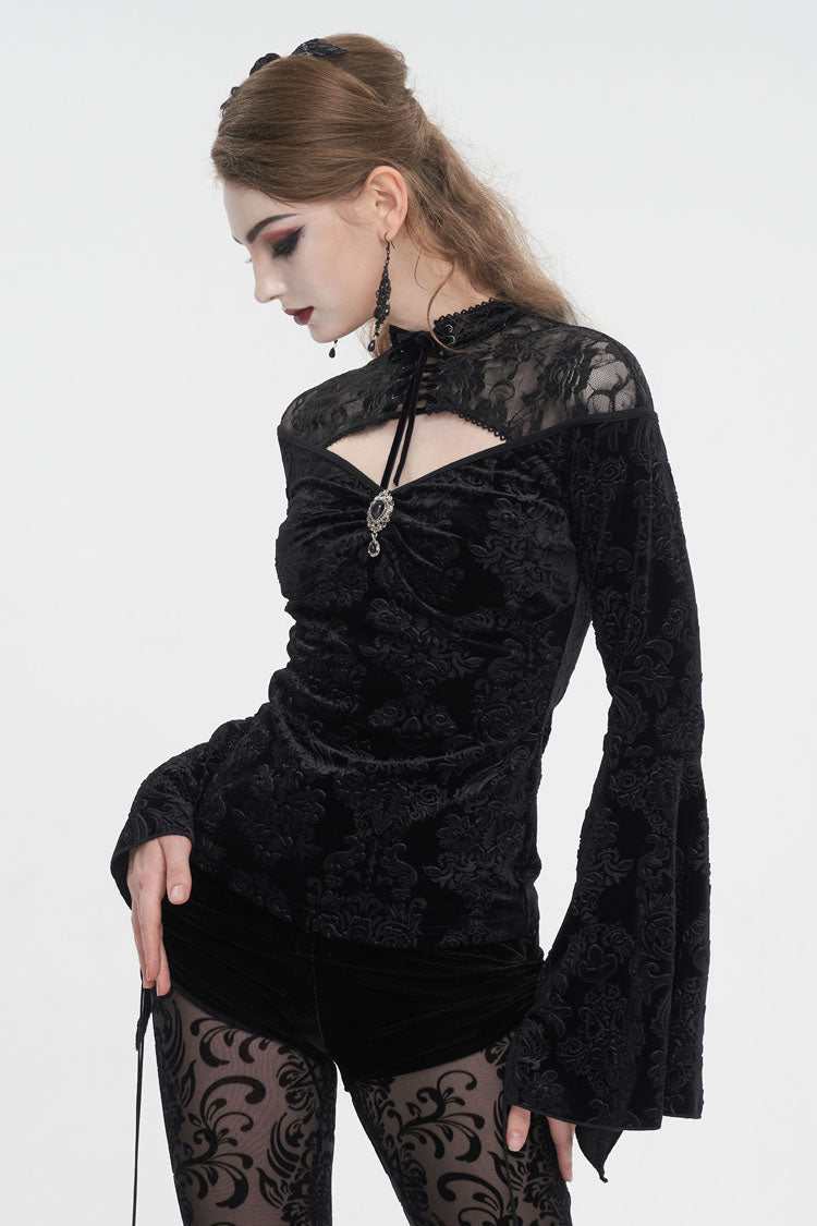 Black Lace Cutout Round Collar Flared Sleeved Floral Embossed Women's Gothic Shirt - Product - 2