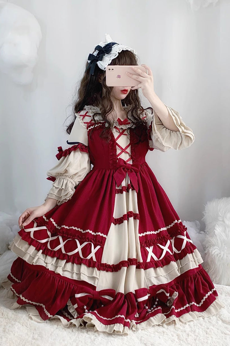 Wine Red Bowknot Long Sleeves Ruffle Sweet Lolita Op Dress - Product - 3