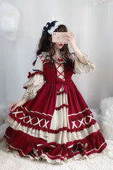 Wine Red Bowknot Long Sleeves Ruffle Sweet Lolita Op Dress - Product - 3