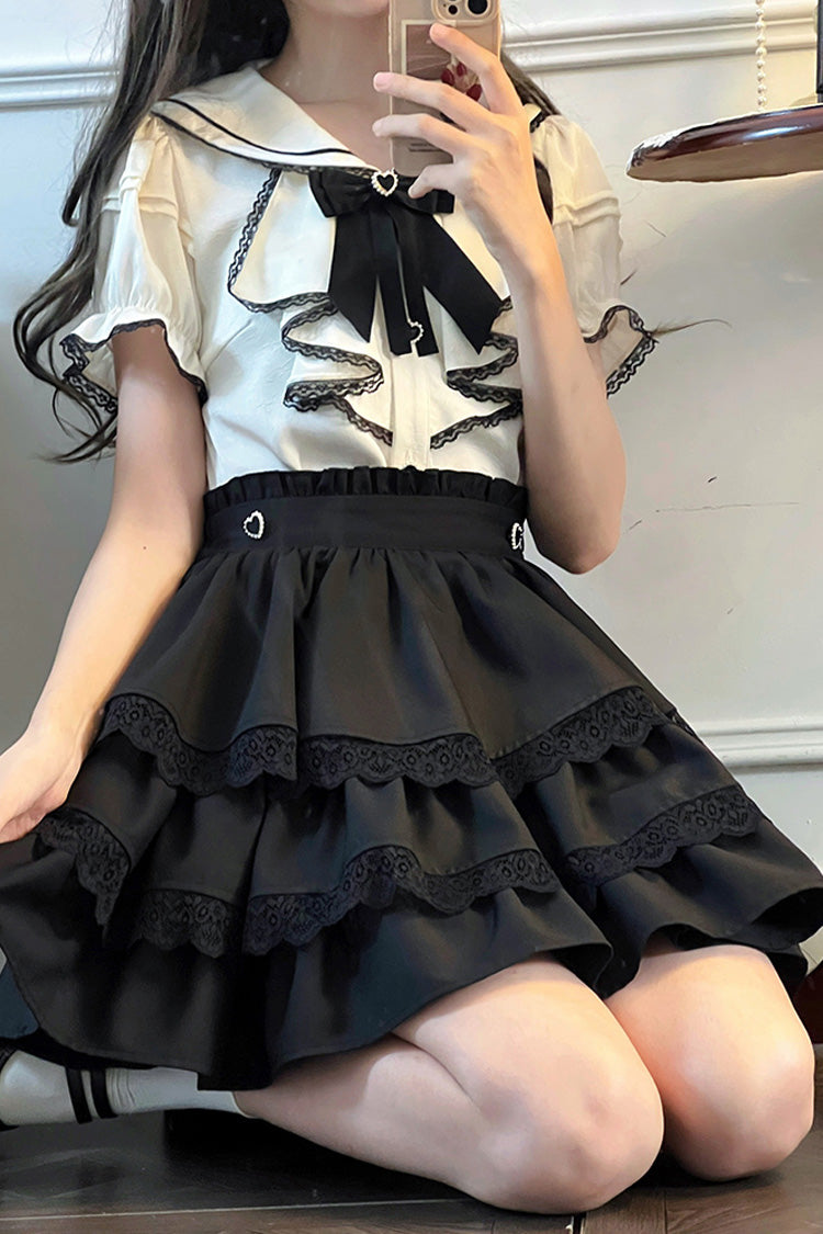 Black/White Sailor Collar Multi-Layered Ruffle Bowknot Jirai Kei Skirt Set - Product - 6