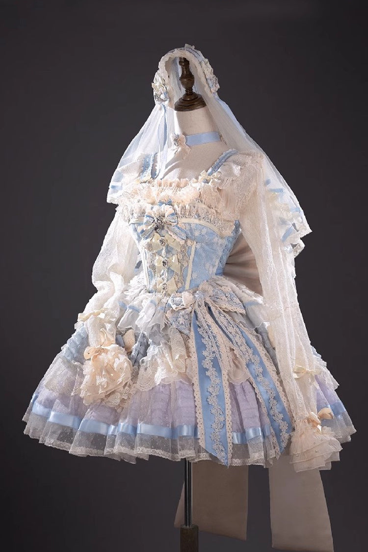 Blue [Moonstone] Sleeveless Ruffle Embroidery Bowknot Lace Fishbone Sweet Princess Lolita Dress - Product - 6