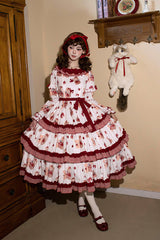 White/Pink [Bell Strawberry Farm] Print Long Sleeves Triple-Layered Ruffle Sweet Lolita Dress - Product - 6