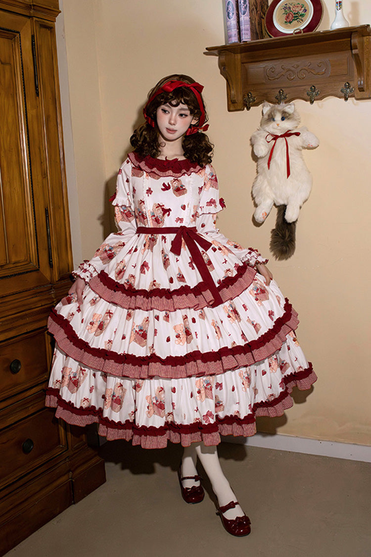 White/Pink [Bell Strawberry Farm] Print Long Sleeves Triple-Layered Ruffle Sweet Lolita Dress - Product - 6
