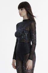Black Long Sleeves Gradient Print Sheer Mesh Punk Women's Blouse - Product - 2